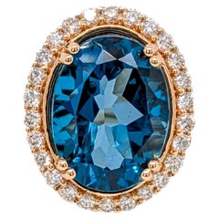 11ct London Blue Topaz Ring w Natural Diamond Halo in Solid 14K Gold OV 16x12mm
