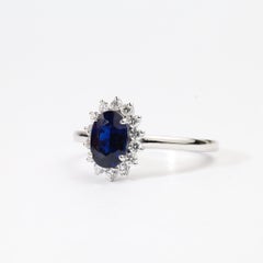 1.1ct Natural Oval Blue Sapphire & Diamond Halo Engagement Ring – 18K White Gold