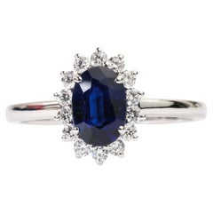 1.1ct Natural Oval Blue Sapphire & Diamond Halo Engagement Ring – 18K White Gold