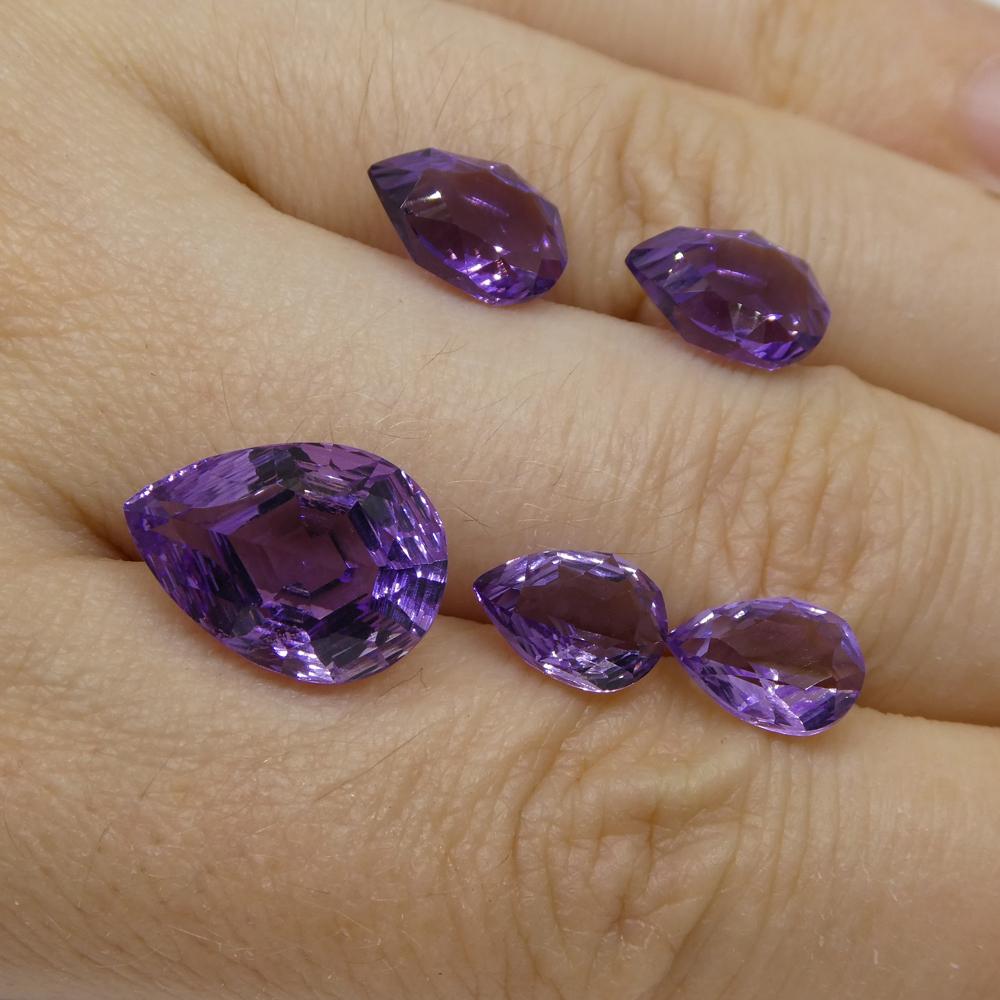 Description:

Gem Type: Amethyst
Number of Stones: 5
Weight: 11 cts
Measurements: 1x 14.00x10.00mm, 2x 10.00x7.00mm, 2x 9.00x6.00mm
Shape: Pear
Cutting Style Crown: Modified Brilliant
Cutting Style Pavilion: Mixed Cut
Transparency: