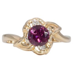1.1Ct Purple Garnet Estate Ring with Natural Diamond: Solid 14K Gold, Round 6mm