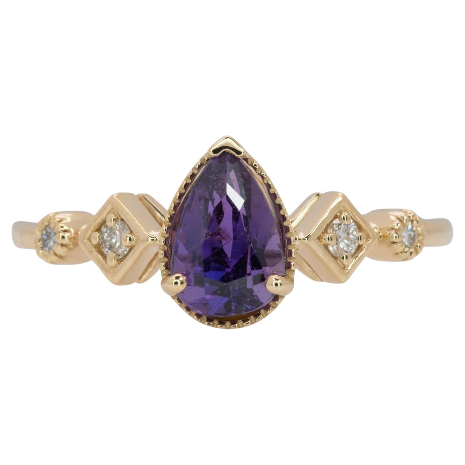 1.1Ct Purple Sapphire Ring with Earth Mined Diamonds: Solid 14K Gold, 7.5x5mm
