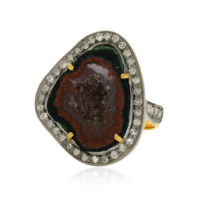 Art Nouveau 11 ct Sliced Geode Cocktail Ring With Pave Diamonds In 18k Yellow Gold & Silver For Sale