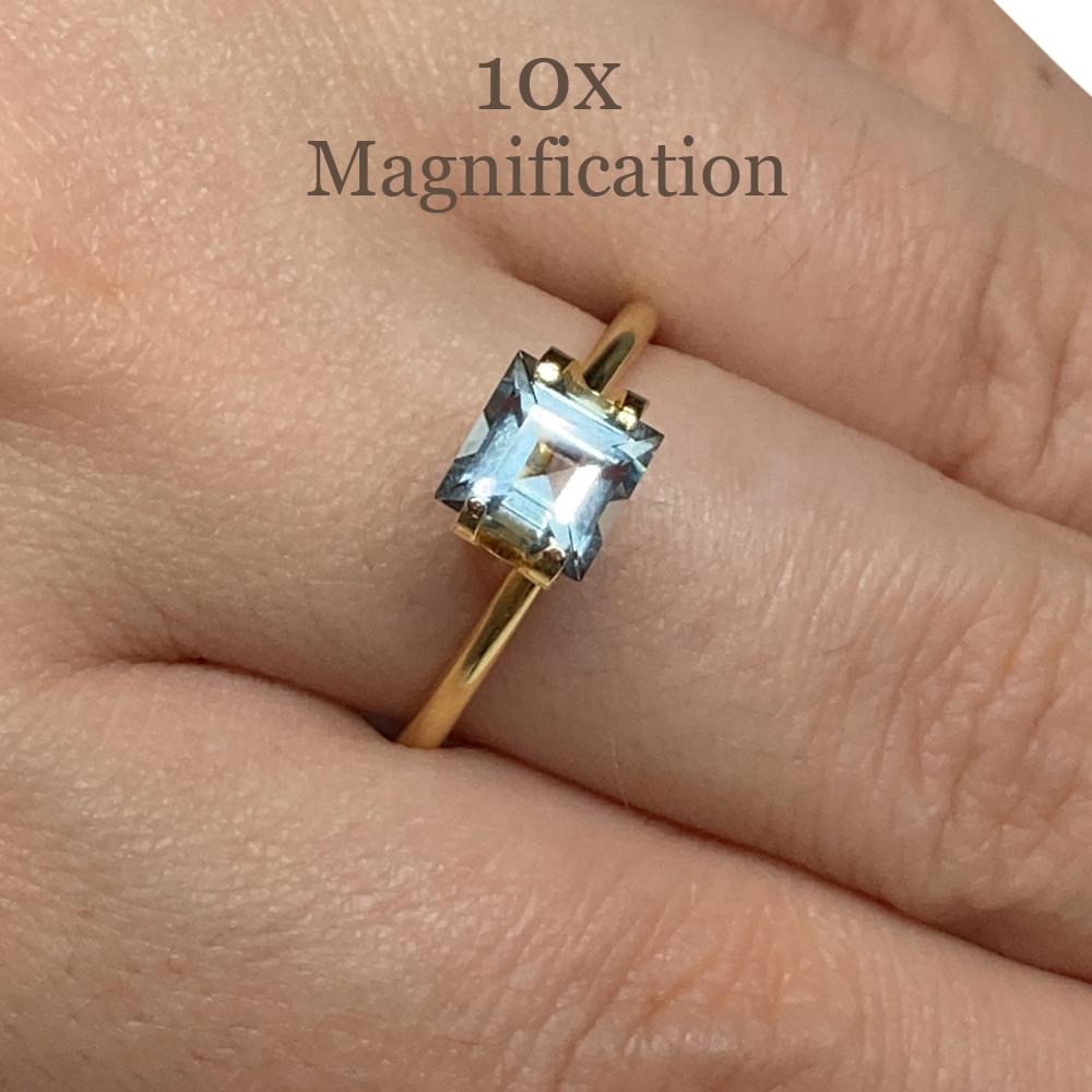 Description:

Gem Type: Aquamarine
Number of Stones: 1
Weight: 1.1 cts
Measurements: 6.04 x 6.13 x 4.30 mm
Shape: Square
Cutting Style Crown: Step Cut
Cutting Style Pavilion: Step Cut
Transparency: Transparent
Clarity: Slightly Included: Some