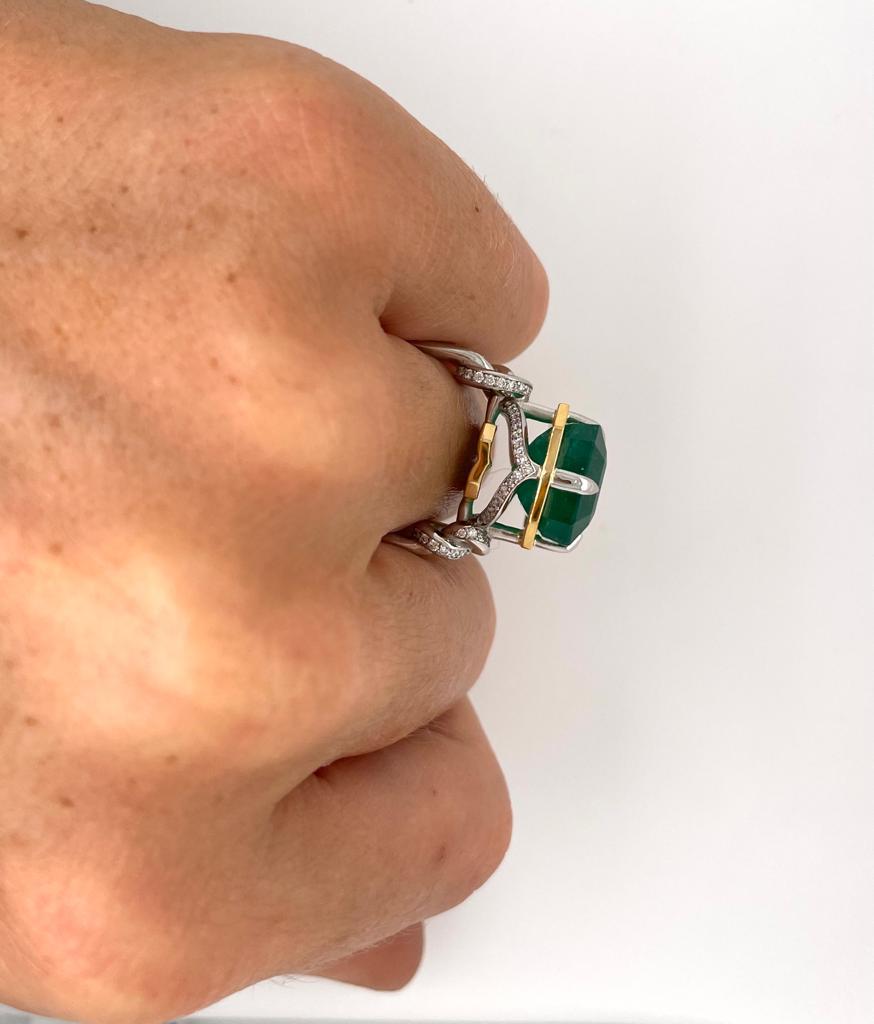 Artisan 11ct Zambian emerald ring with diamonds 22k yellow gold and platinum  For Sale