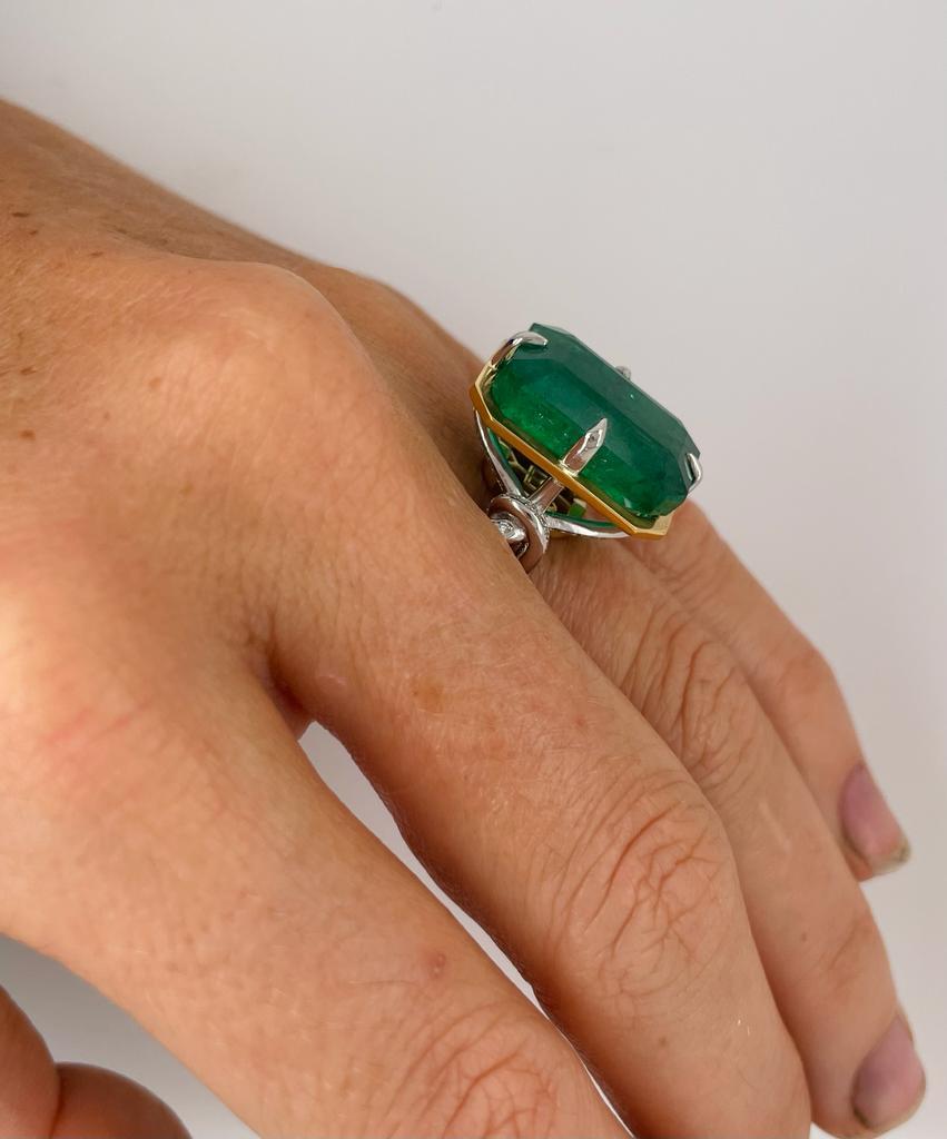 Emerald Cut 11ct Zambian emerald ring with diamonds 22k yellow gold and platinum  For Sale