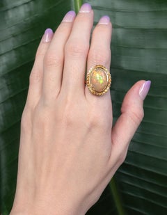 11Cts Statement Opal Ring With Earth Mined Sapphire Accents: Solid 14K Gold