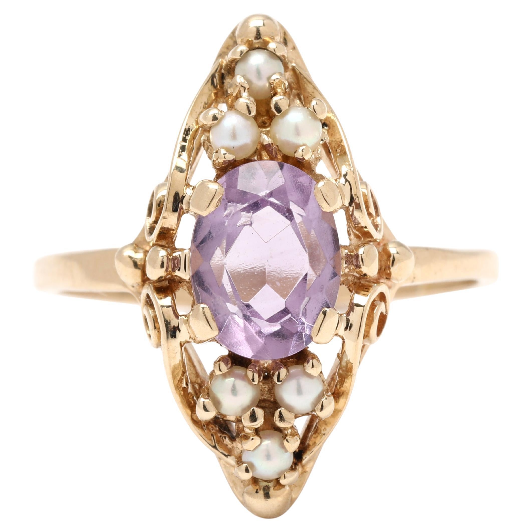 1.1ctw Amethyst & Pearl Navette Ring, 10k Yellow Gold, Ring Size 8