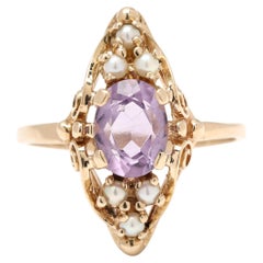 1.1ctw Amethyst & Pearl Navette Ring, 10k Yellow Gold, Ring Size 8