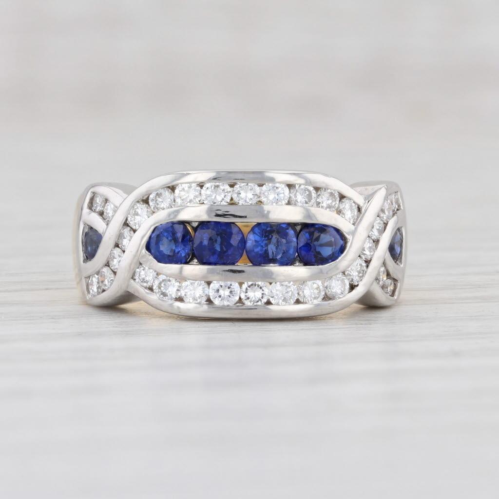 Round Cut 1.1ctw Blue Sapphire White Diamond Ring 18k Gold Platinum Size 5.5 For Sale