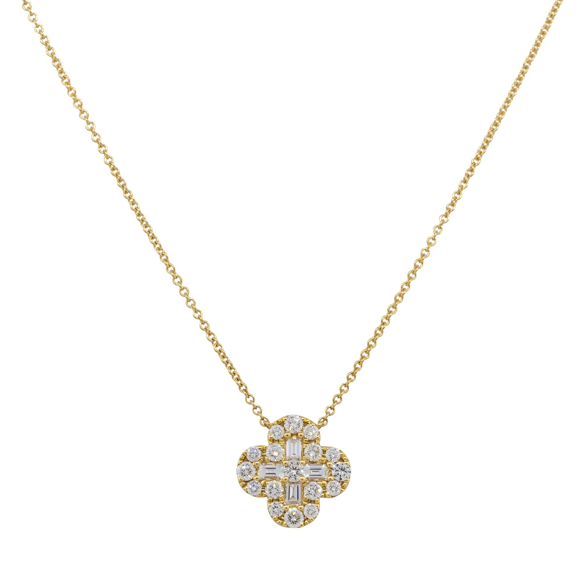 Material: 18k Yellow Gold
Diamond Details: Approx. 0.73ctw of round cut Diamonds. Approx. 0.37ctw of baguette cut Diamonds. Diamonds are G/H in color and VS in clarity
Clasps: Lobster clasp
Total Weight: 4.2g (2.7dwt)
Pendant measurements: 14mm x