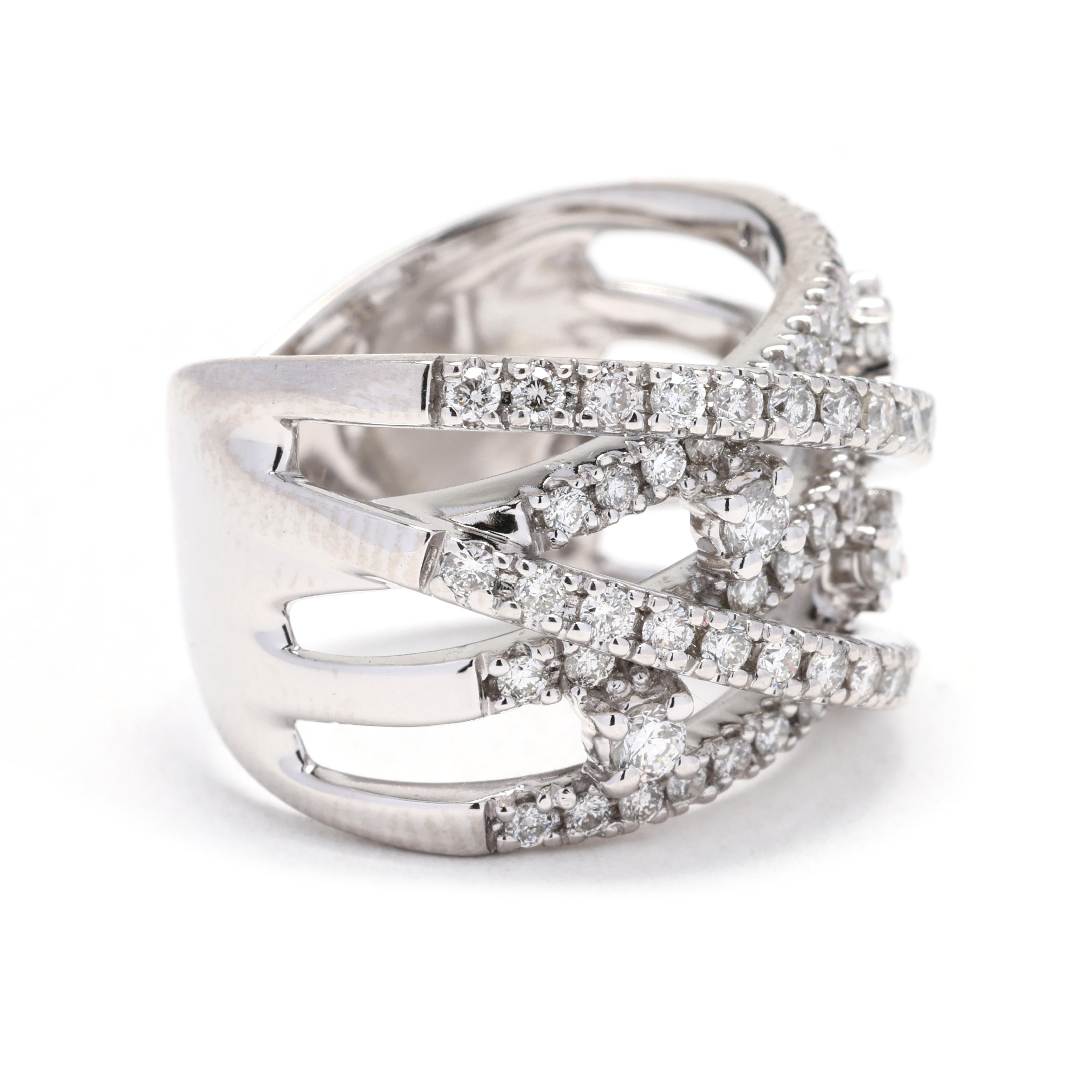 This 1.1 carat total weight diamond twisted thick band is a stunning piece of jewelry. Made from 14k white gold, this ring features a unique twisted design that adds a modern twist to a classic band. The thick band adds extra drama and presence to