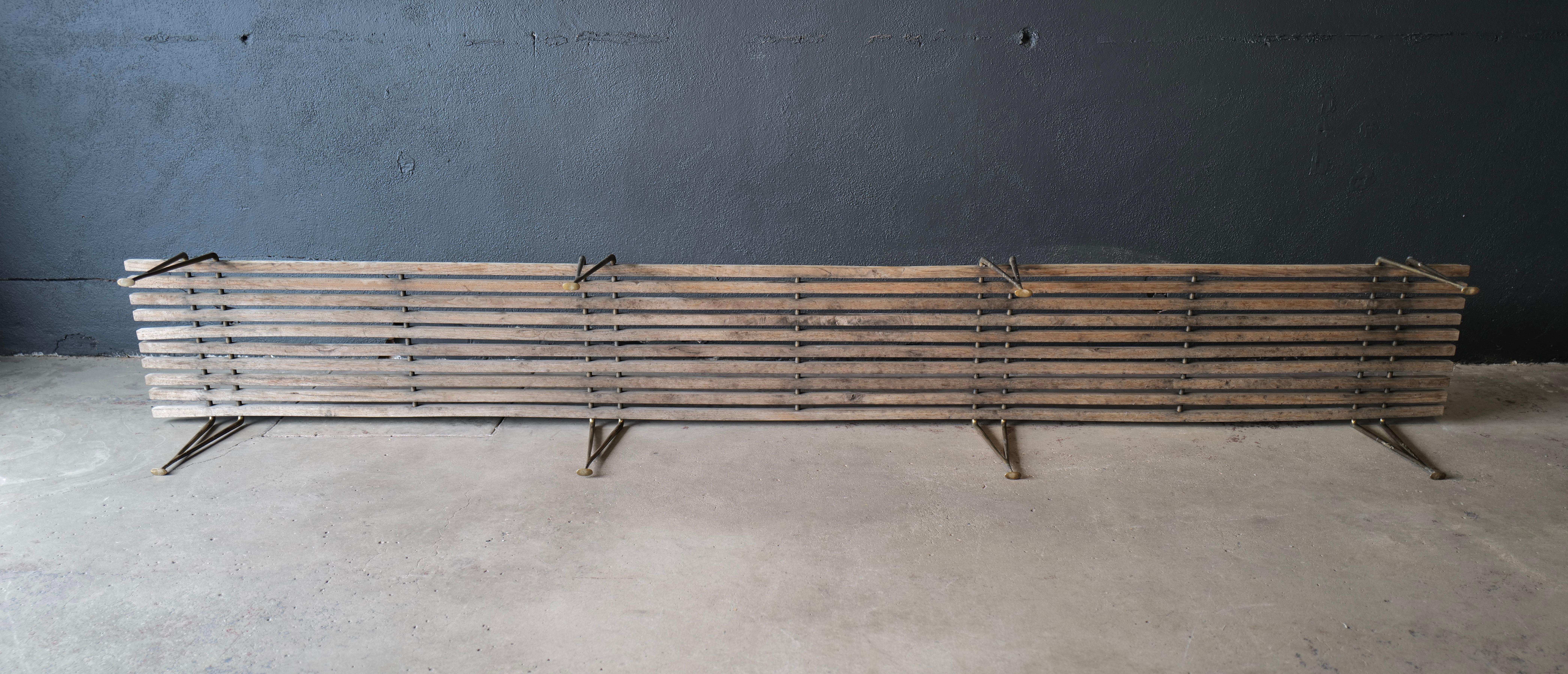 Hugh Acton Wood Slat and Brass Leg Bench For Sale 3