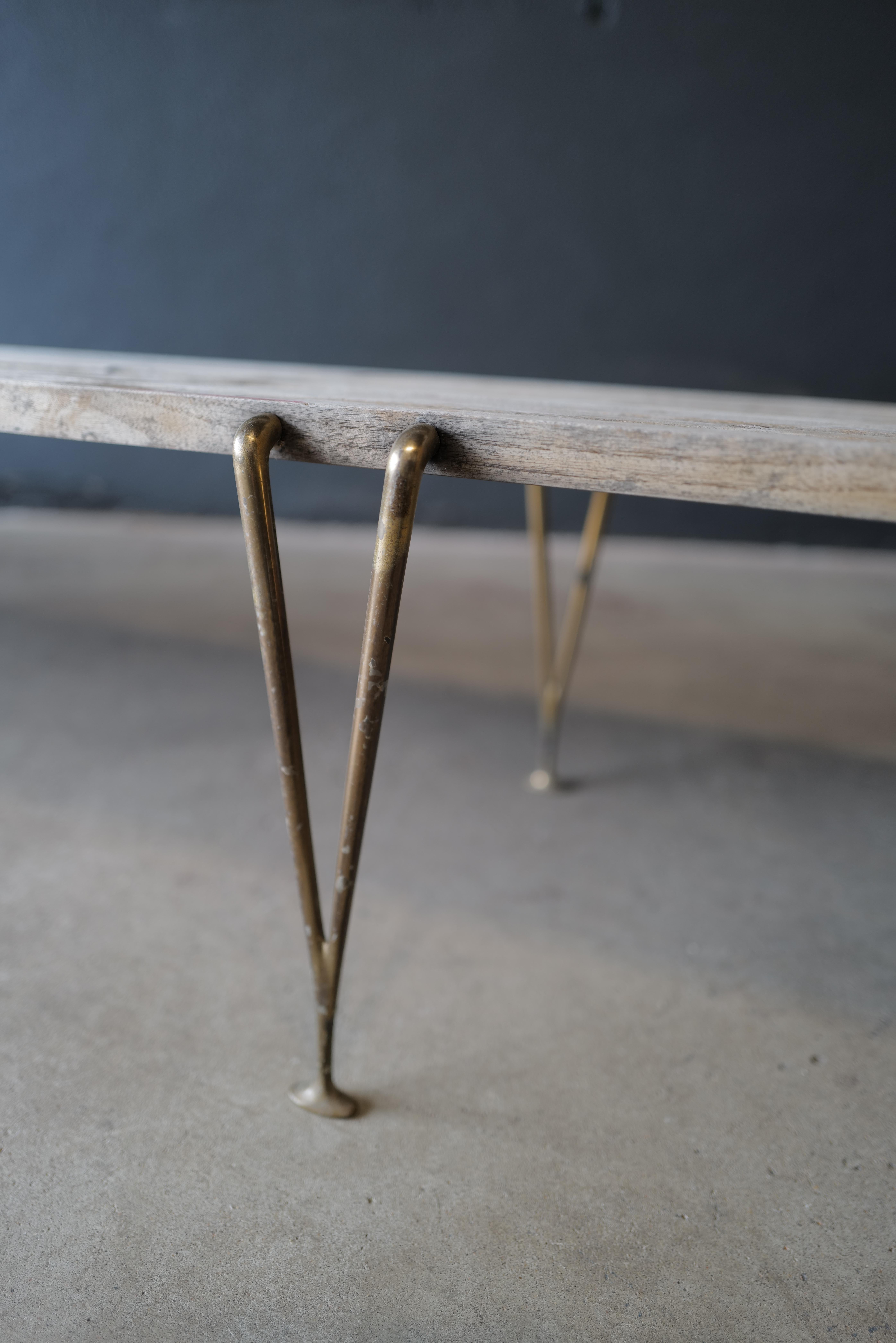 Hugh Acton Wood Slat and Brass Leg Bench For Sale 4