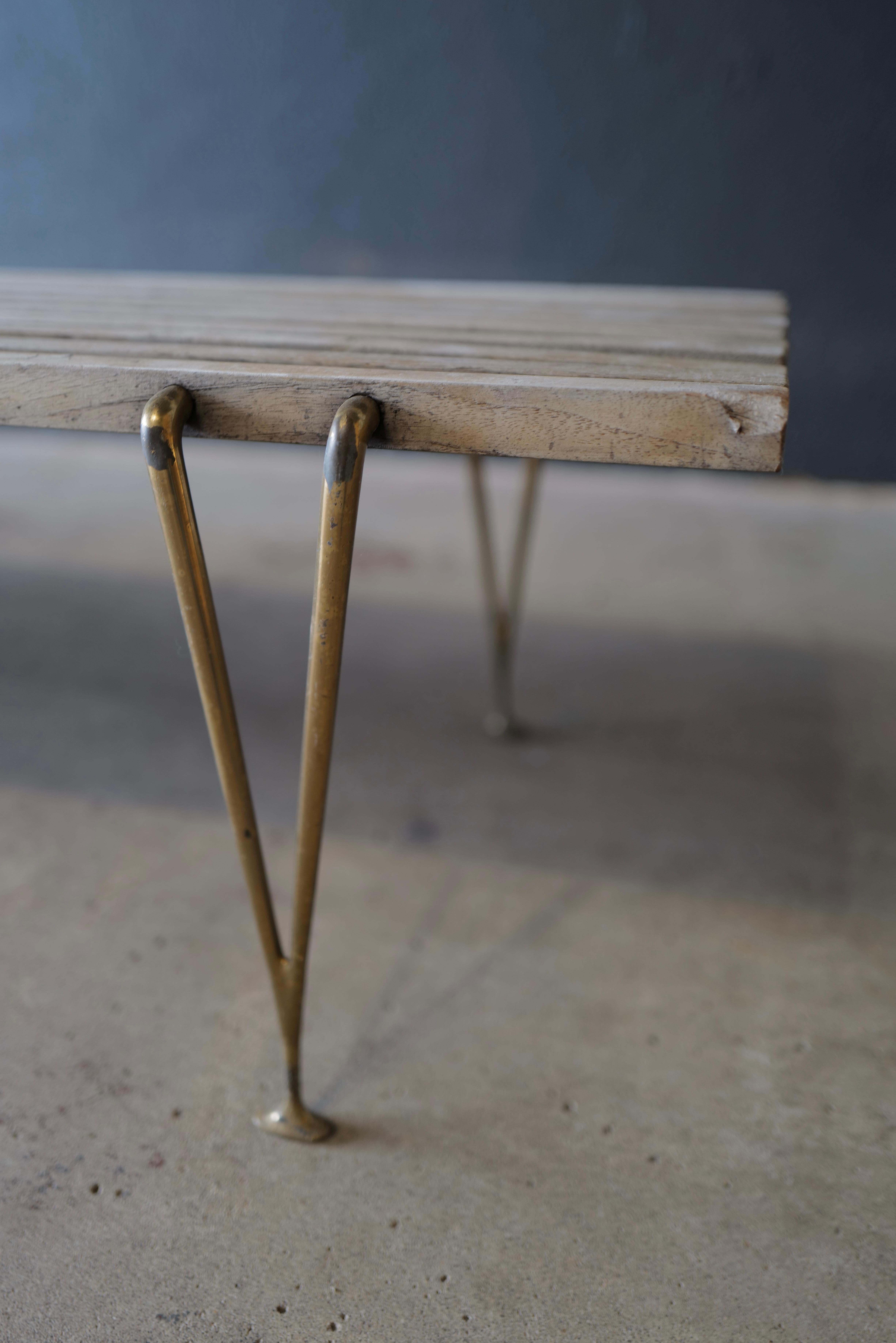 20th Century Hugh Acton Wood Slat and Brass Leg Bench For Sale