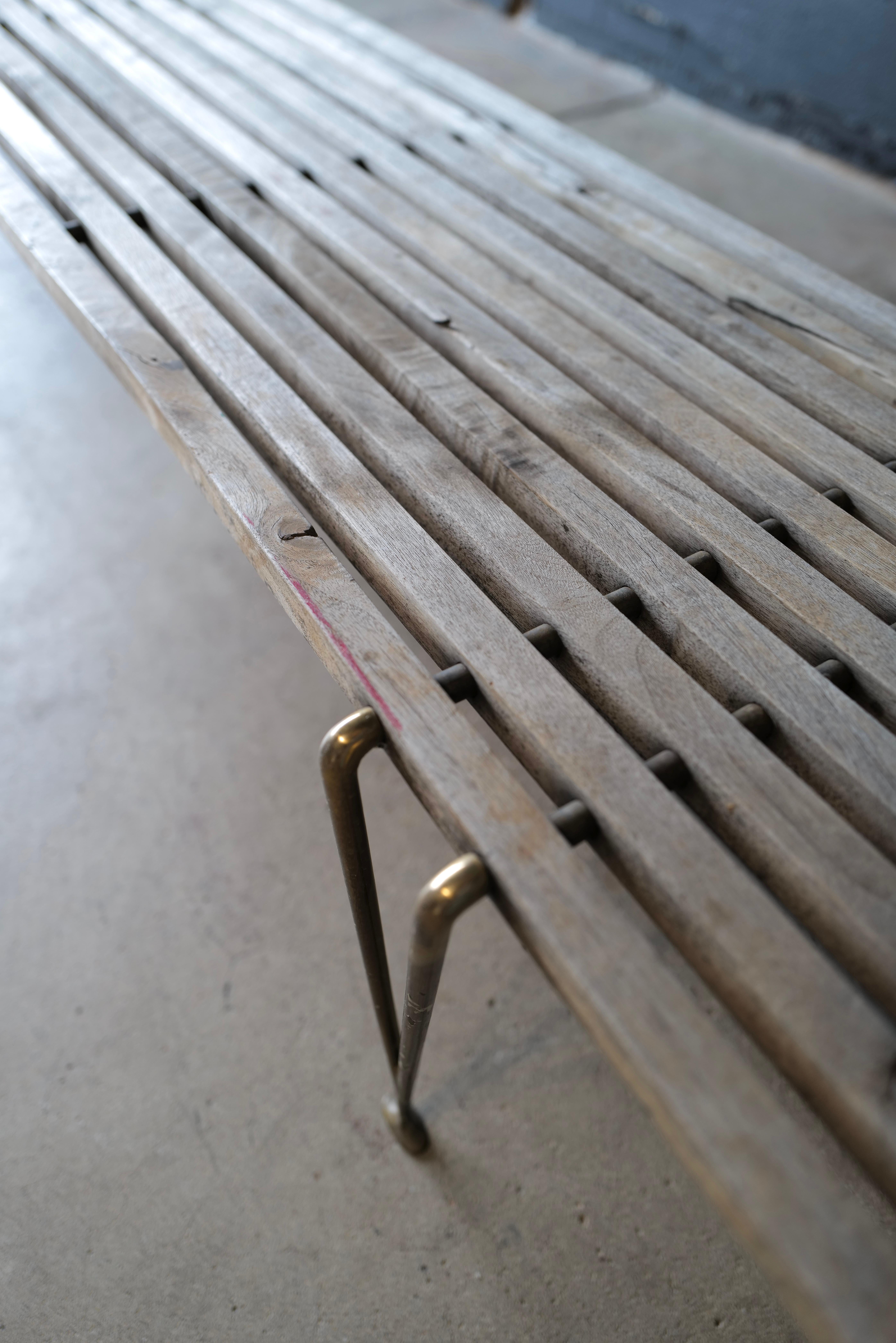 Hugh Acton Wood Slat and Brass Leg Bench For Sale 2