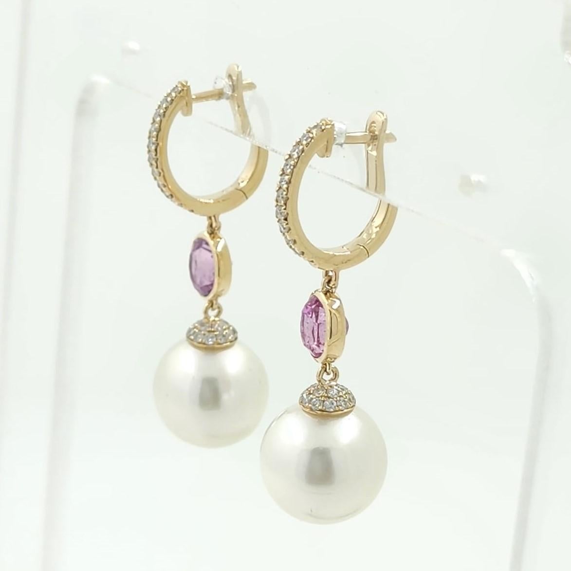 Contemporary 11M South Sea Pearl Sapphire Diamond Dangle Earrings in 14 Karat Yellow Gold For Sale