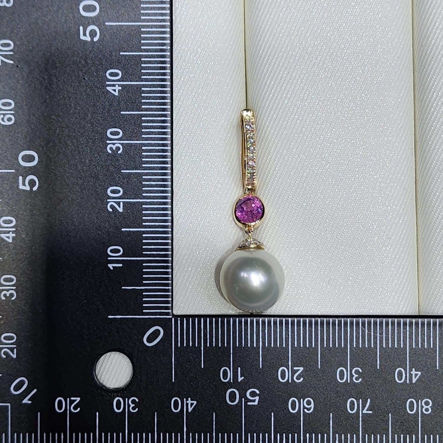 Women's 11M South Sea Pearl Sapphire Diamond Dangle Earrings in 14 Karat Yellow Gold For Sale
