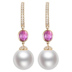 11M South Sea Pearl Sapphire Diamond Dangle Earrings in 14 Karat Yellow Gold