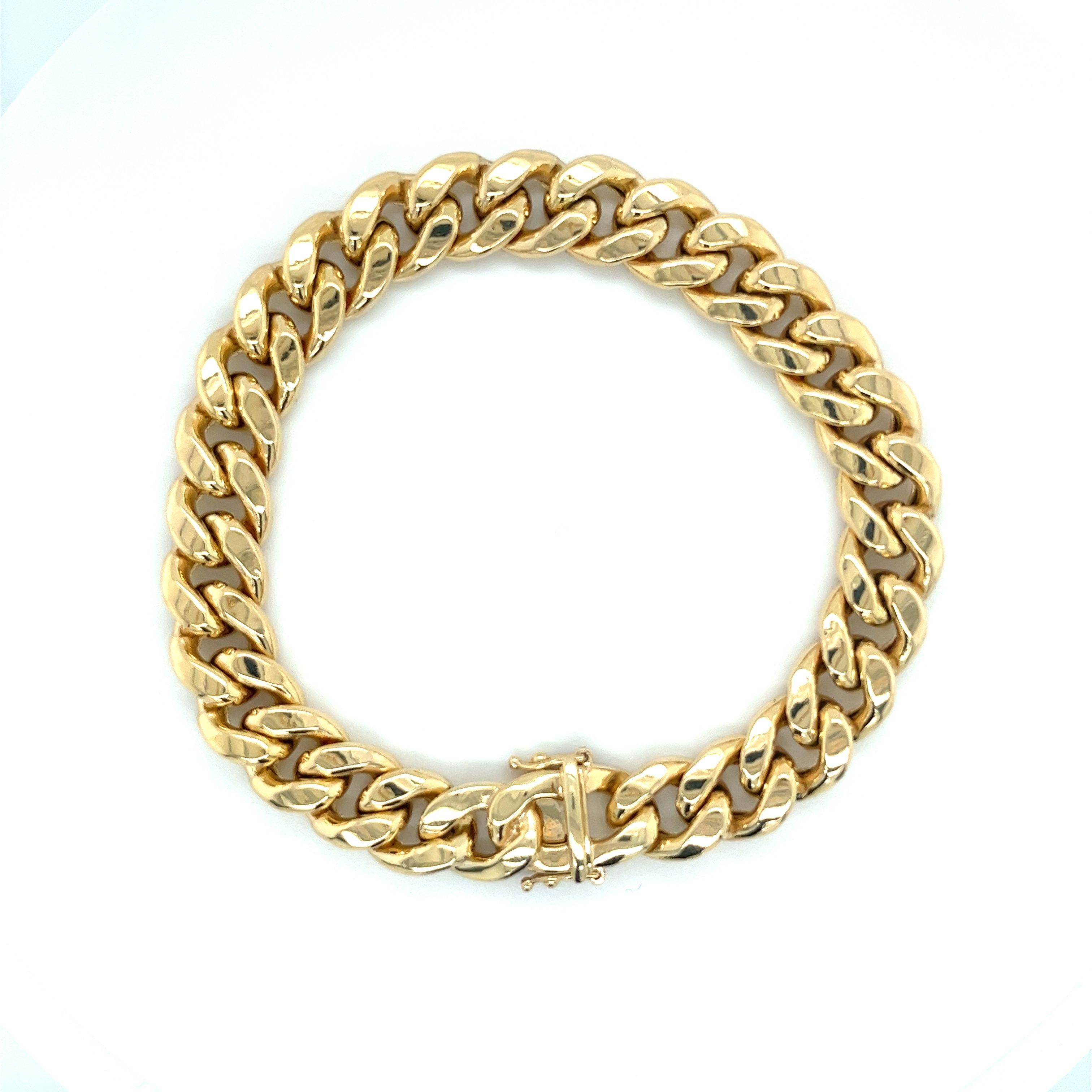 Modern 14K Yellow Gold Flat Miami Cuban Link Chain Bracelet with Box Closure For Sale
