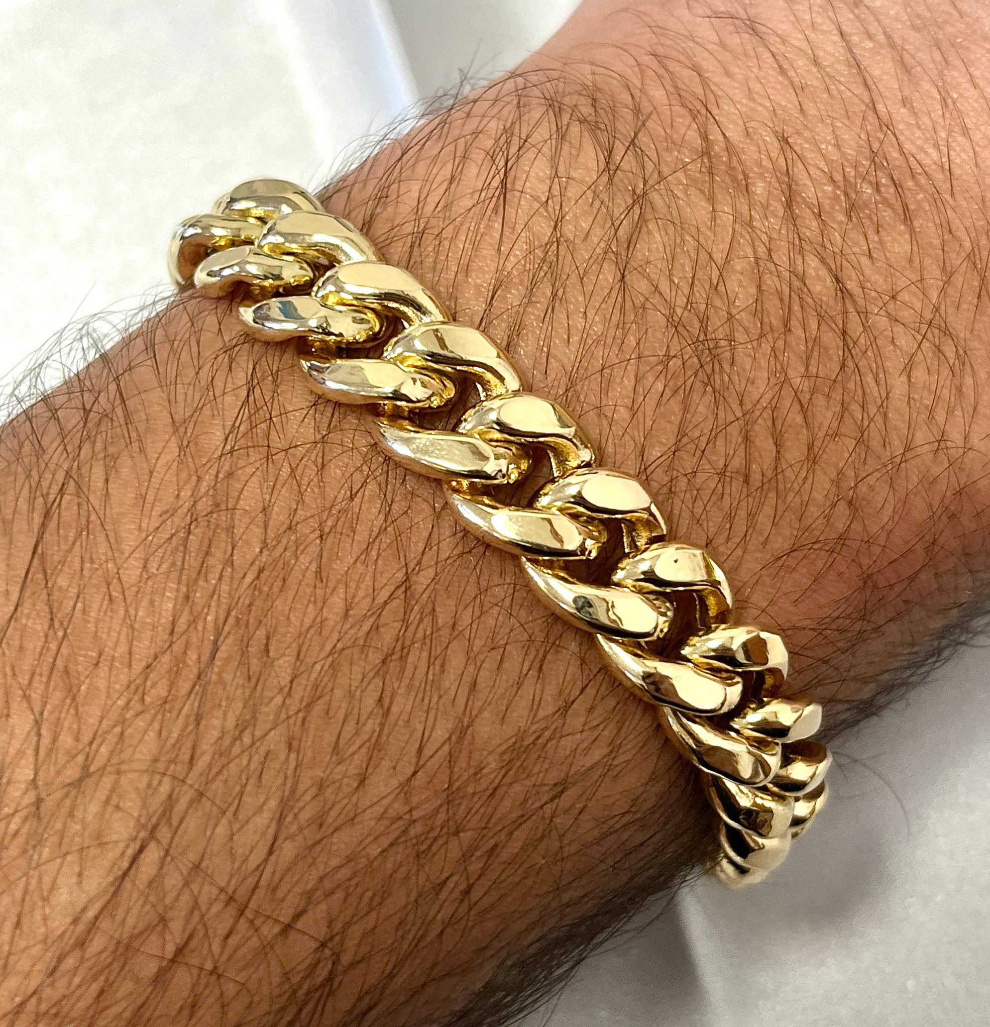 Men's 14K Yellow Gold Flat Miami Cuban Link Chain Bracelet with Box Closure For Sale