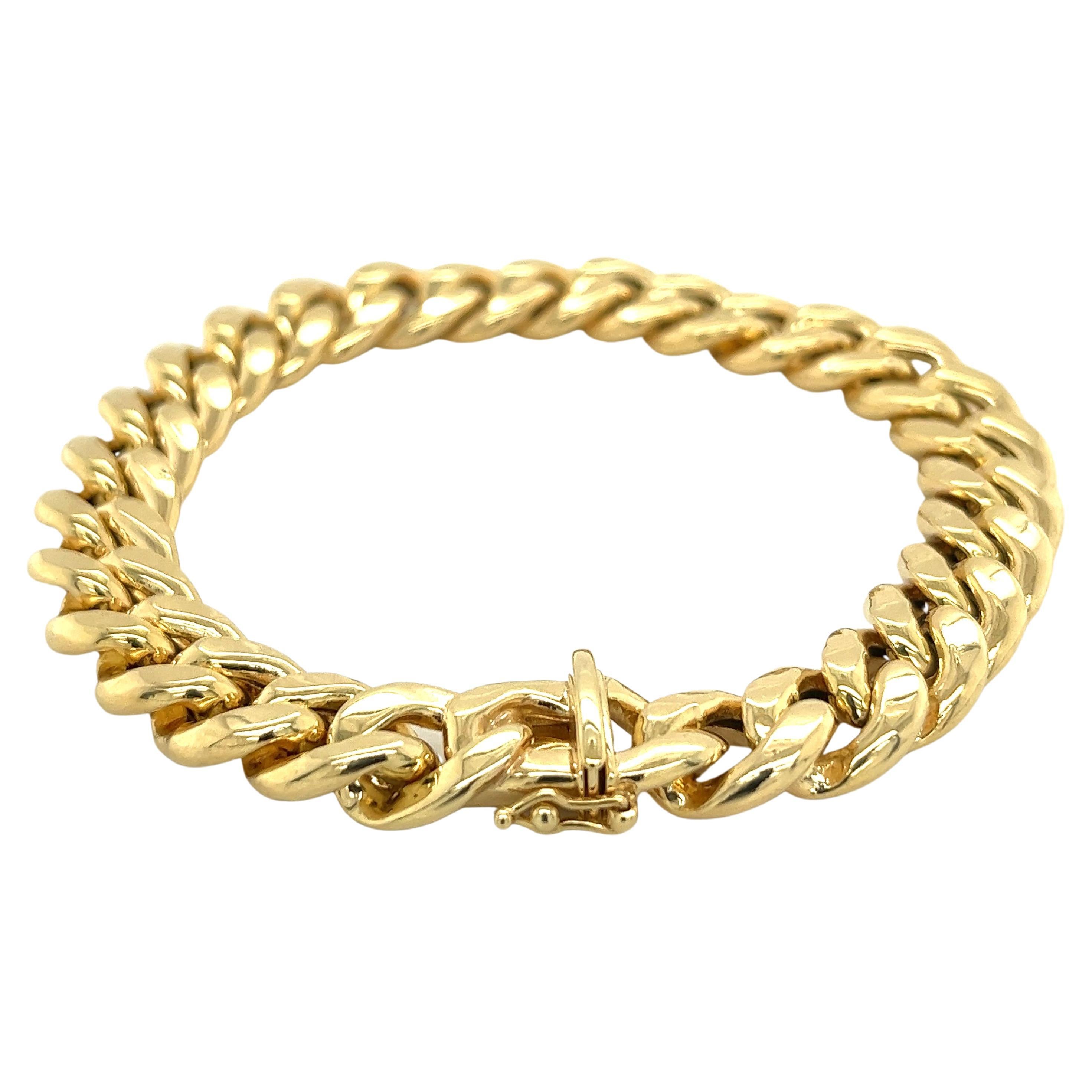 14K Yellow Gold Flat Miami Cuban Link Chain Bracelet with Box Closure For Sale