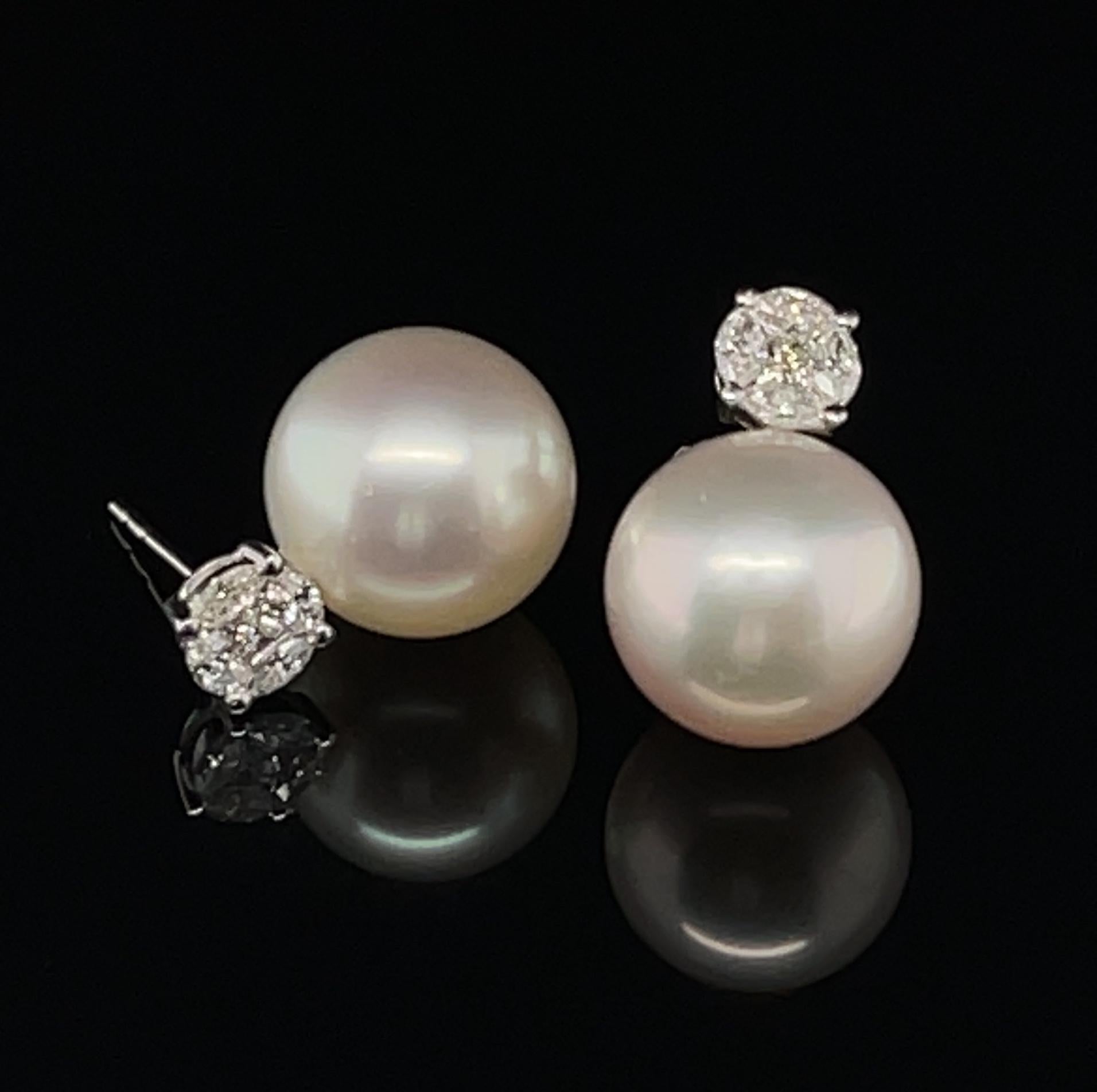 Round Cut 11mm Akoya Saltwater Pearl and Diamond Earrings in 18k White Gold For Sale