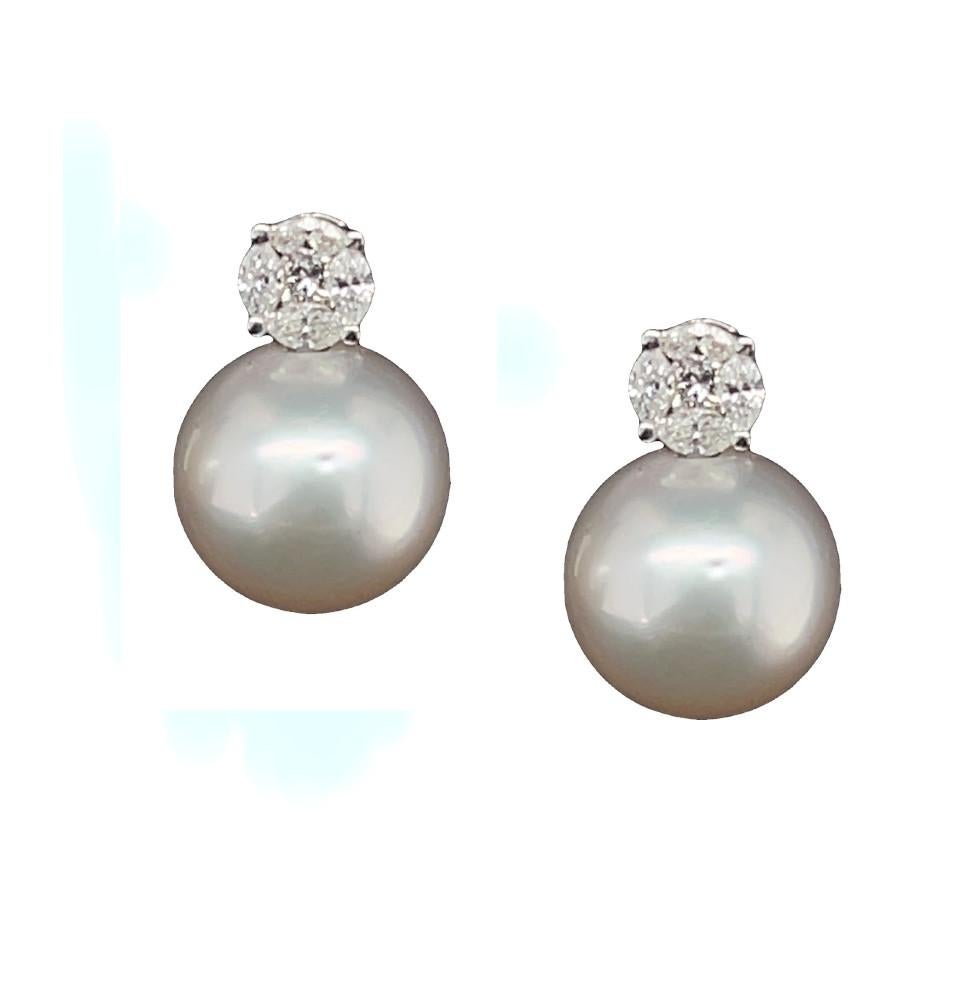 11mm Akoya Saltwater Pearl and Diamond Earrings in 18k White Gold For Sale 2