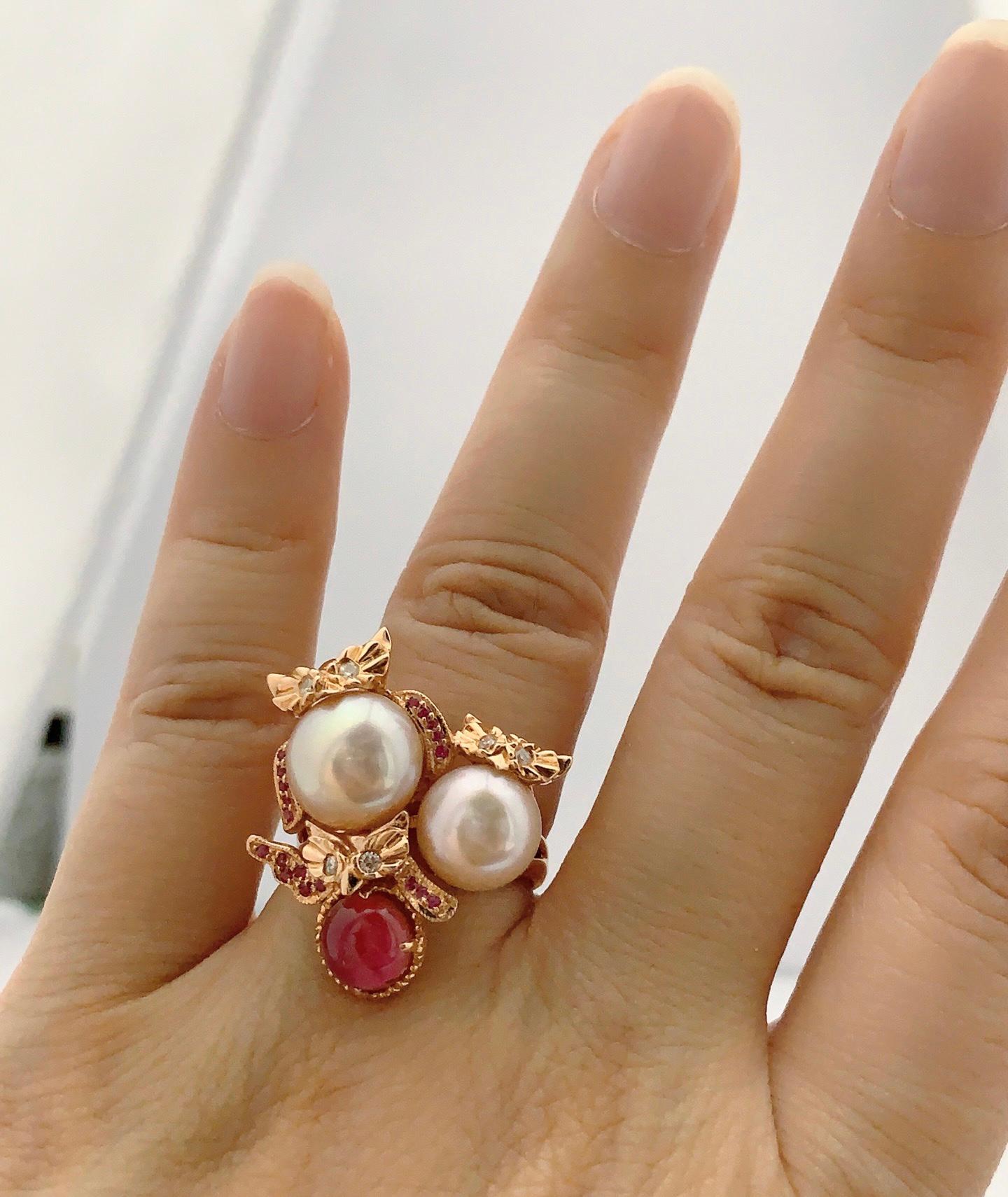 11 mm und 9 mm Perle Turmalin Diamant Eulenring aus 18K Roségold (Zeitgenössisch)