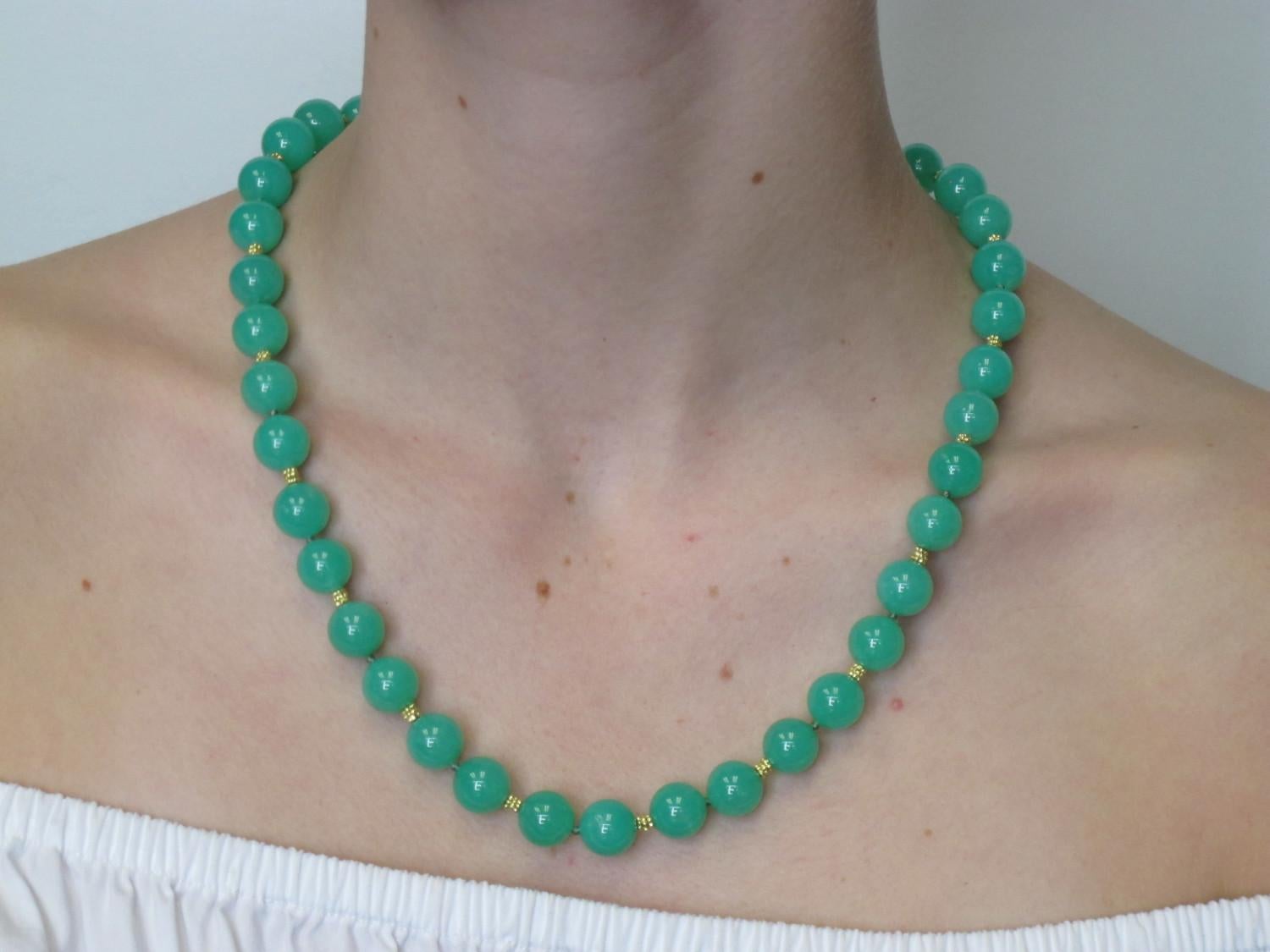 Artisan 11mm Chrysoprase Bead Strand Necklace with Yellow Gold Bead Accents, 21 inches