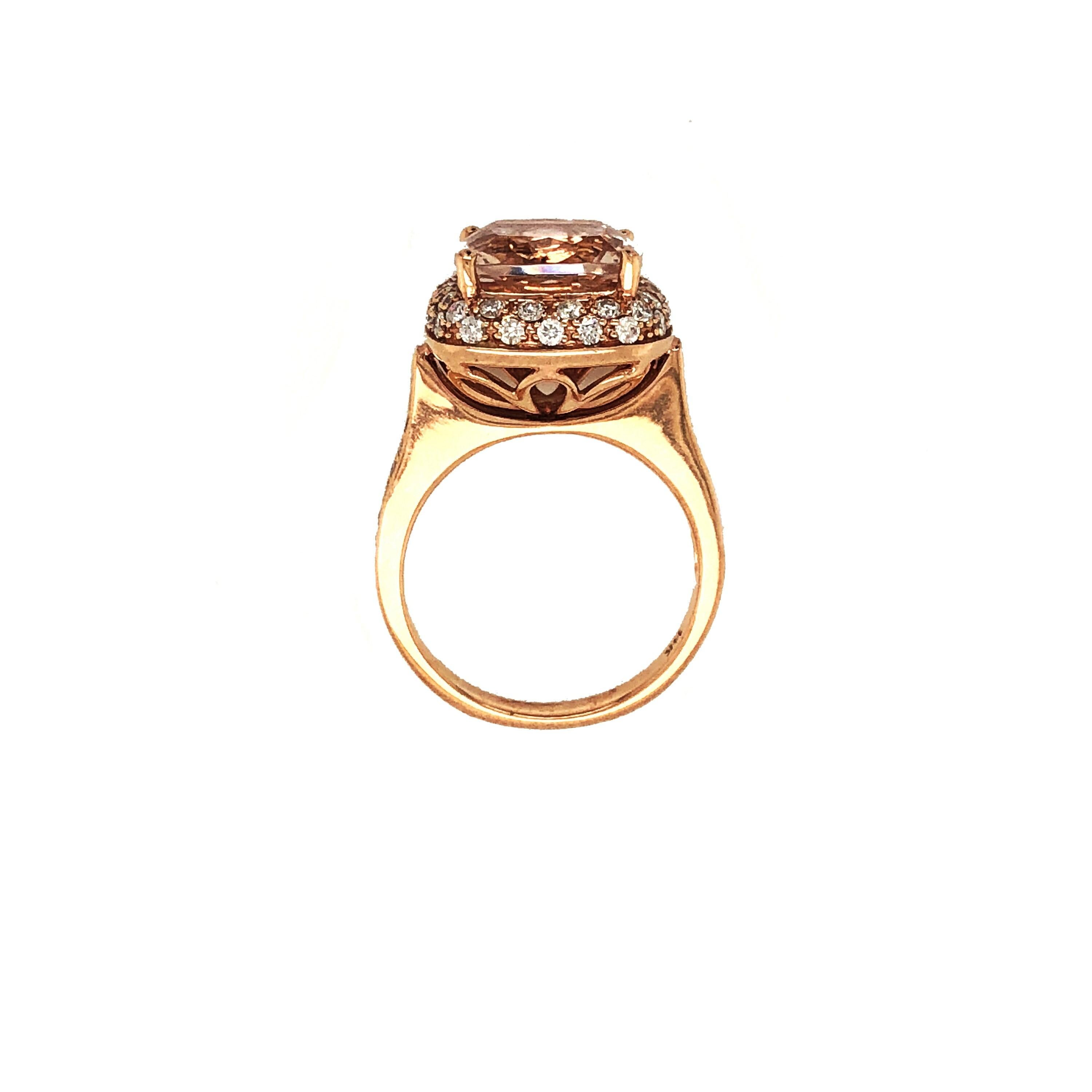 Contemporary 11MM Cushion Cut Morganite Diamond Halo Royal Ring  14K Rose Gold Ring  For Sale