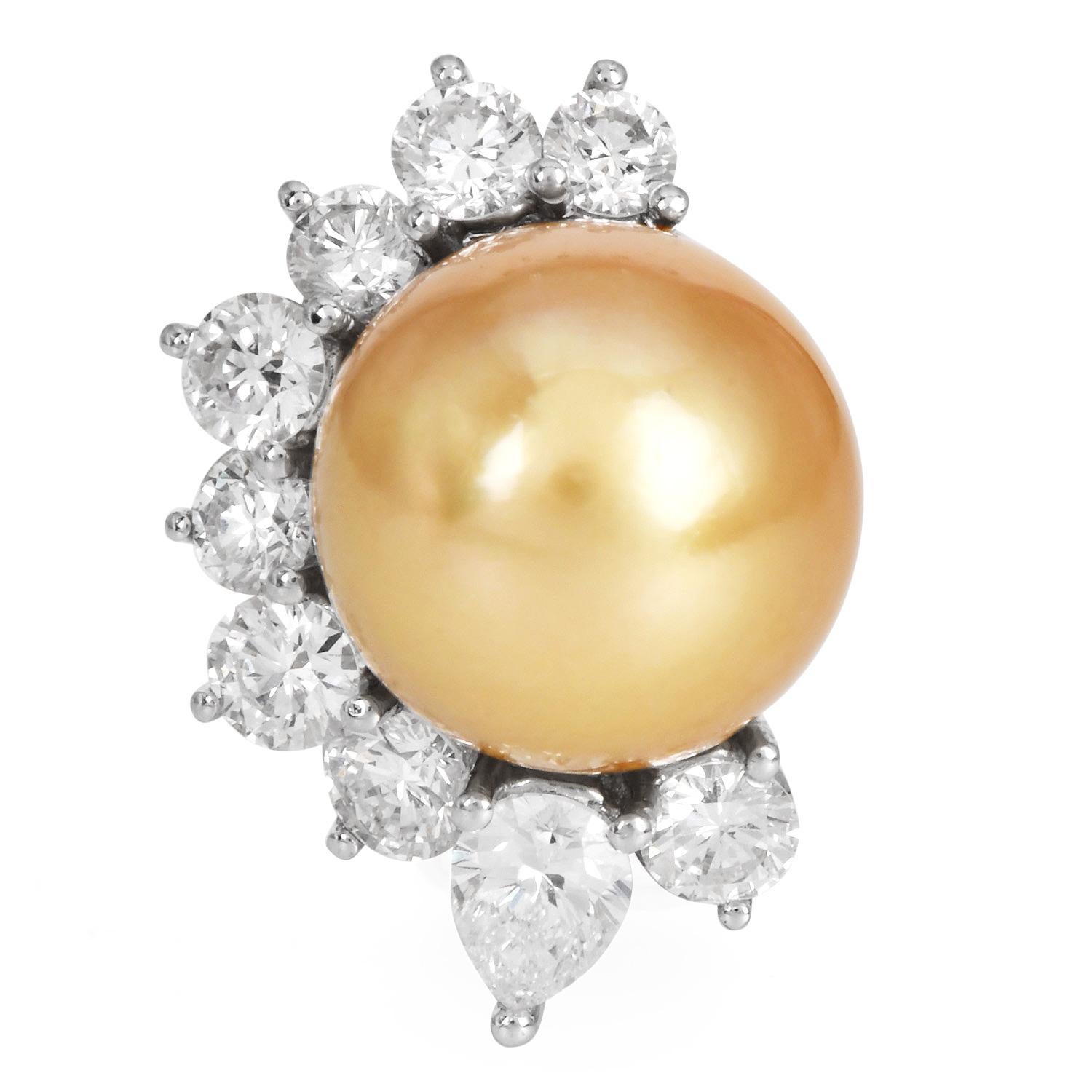 Elevate your elegance with these stunning South Sea Pearl and Diamond Statement Earrings, masterfully crafted in luxurious 18k white gold. Each earring showcases a luminous, high-luster 11mm Golden color South Sea pearl, prized for its exceptional