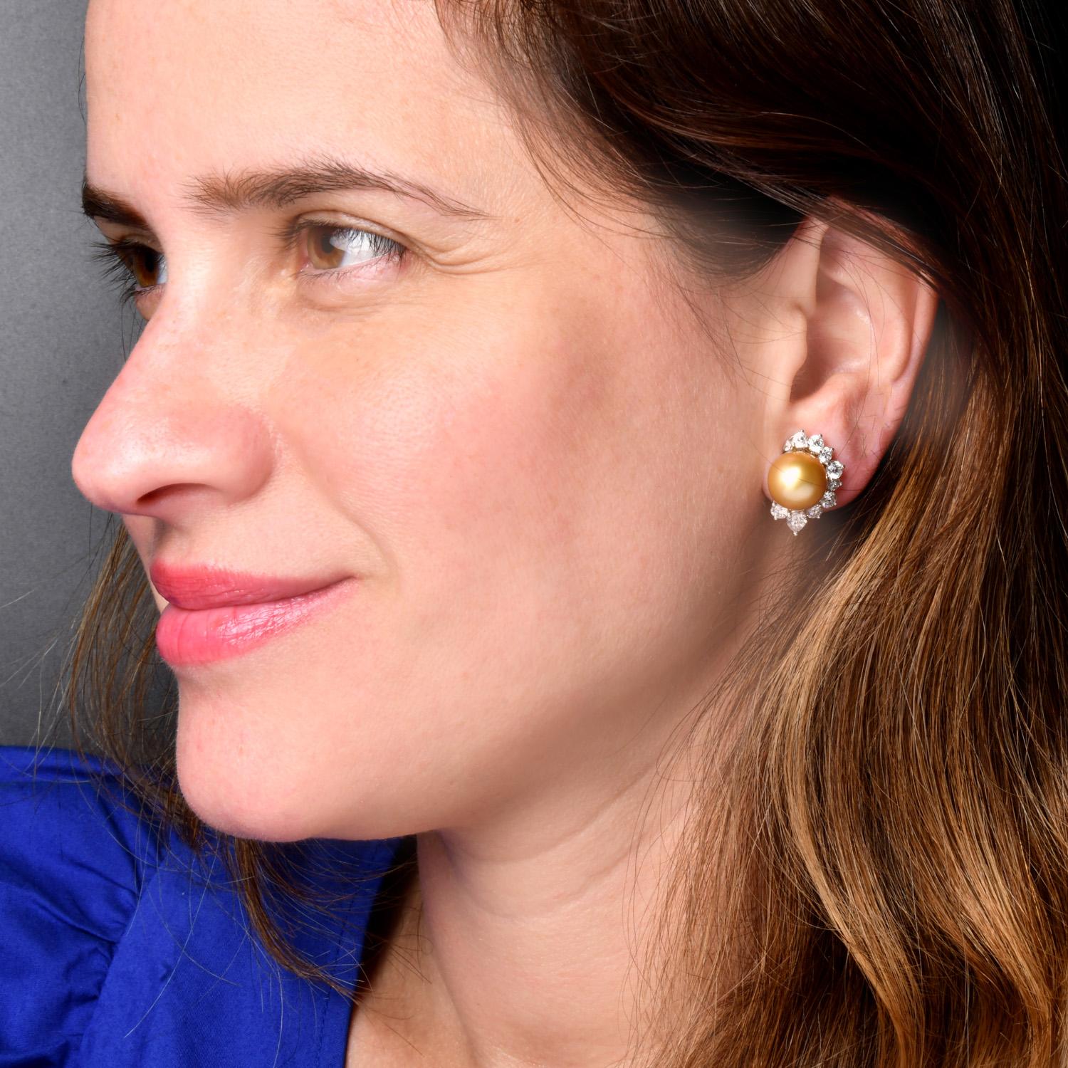 Modern 11mm Golden Southsea Pearl 18K White Gold Statement Earrings For Sale