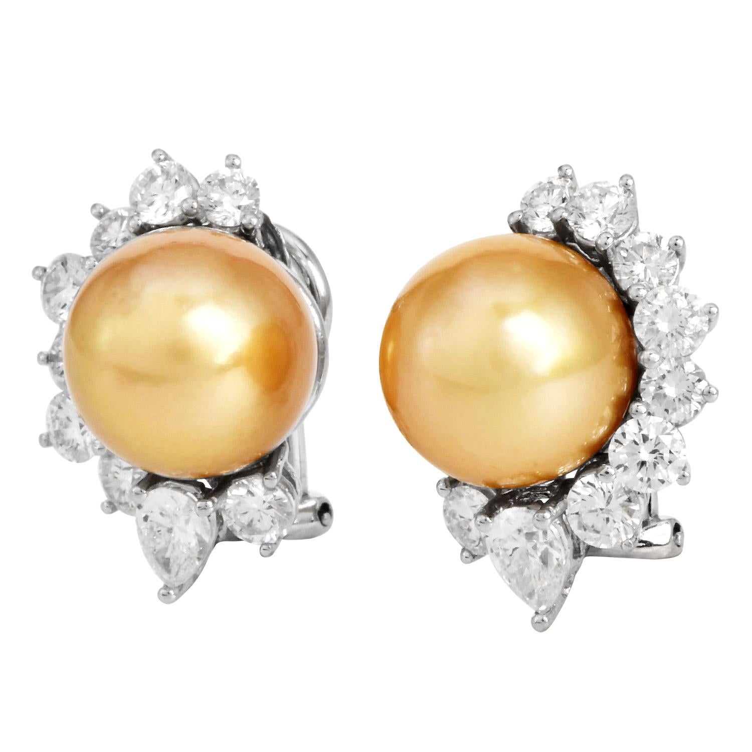 Round Cut 11mm Golden Southsea Pearl 18K White Gold Statement Earrings For Sale
