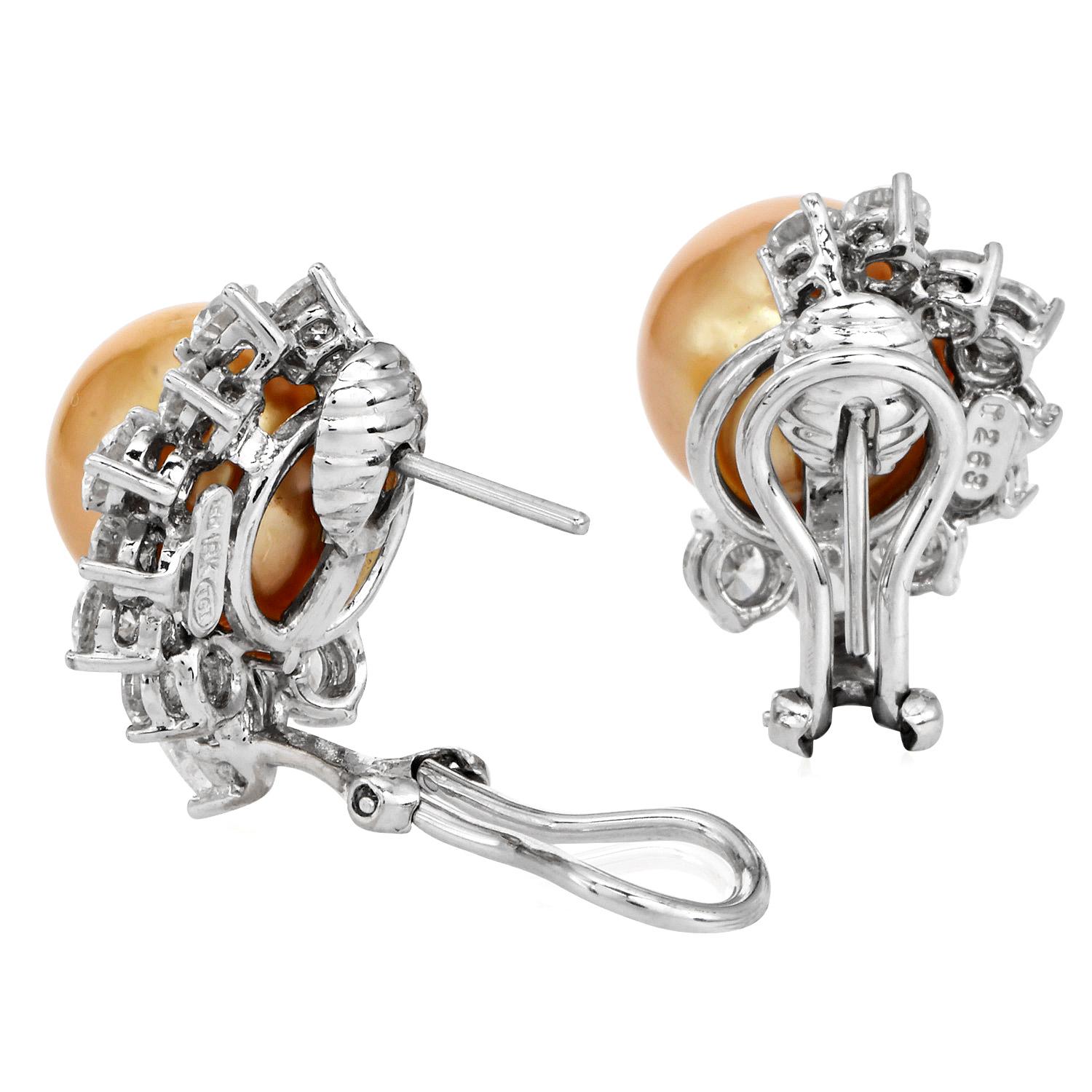 11mm Golden Southsea Pearl 18K White Gold Statement Earrings In Excellent Condition For Sale In Miami, FL
