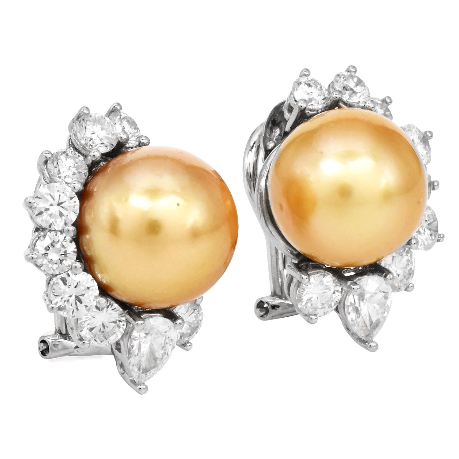 Women's 11mm Golden Southsea Pearl 18K White Gold Statement Earrings For Sale