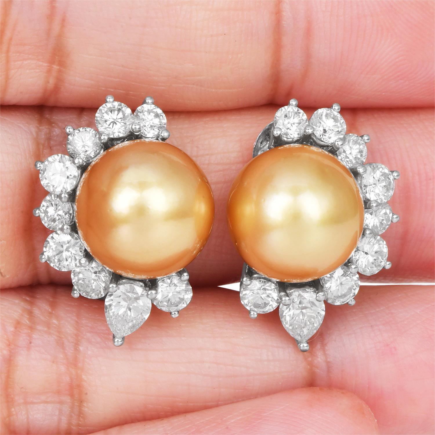 11mm Golden Southsea Pearl 18K White Gold Statement Earrings For Sale 1