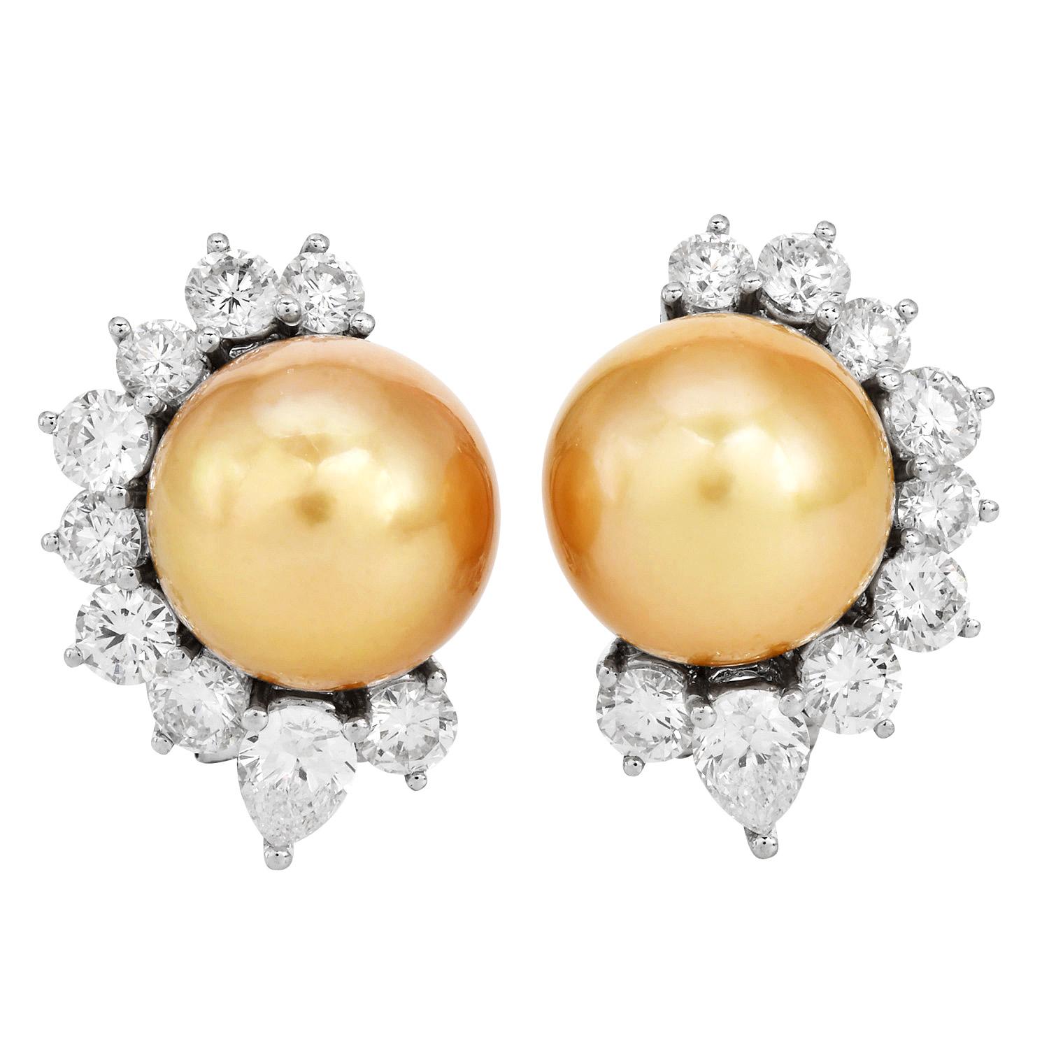 11mm Golden Southsea Pearl 18K White Gold Statement Earrings For Sale