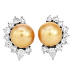 Vintage 11mm Golden Southsea Pearl 18K White Gold Statement Earrings