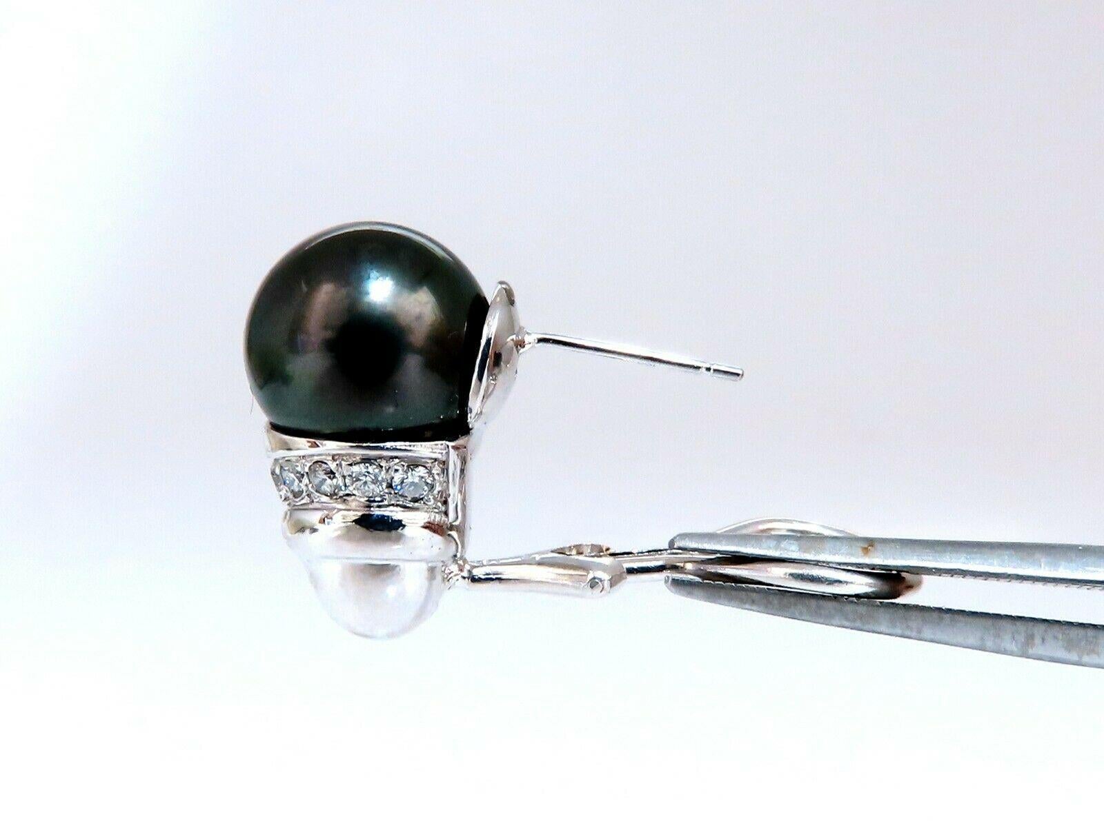 Natural Tahitian Pearl and .50 Carat Diamonds Raised Cap Earrings 14 Karat In New Condition For Sale In New York, NY
