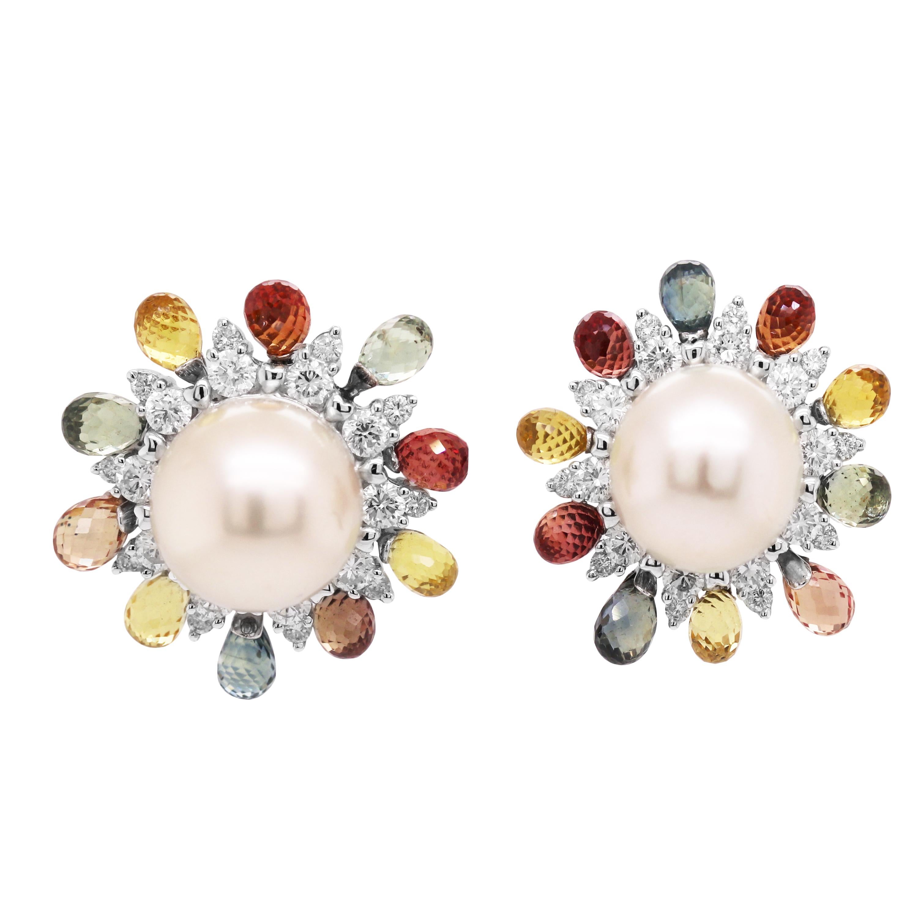 Round Pearl Briolette Sapphires 18 Karat White Gold Stud Earrings In Excellent Condition In Boca Raton, FL