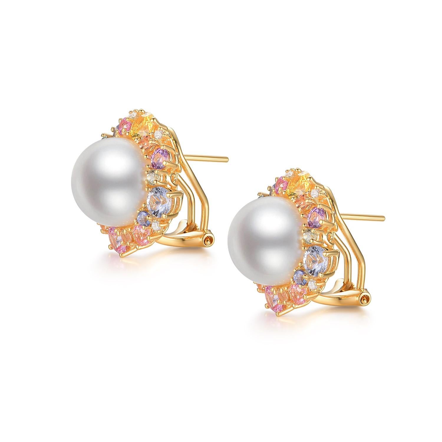 These stunning earrings celebrate the enchanting allure of South Sea pearls surrounded by a kaleidoscope of fancy sapphires, all set in a radiant 18K gold vermeil over sterling silver. Central to each earring is an 11mm South Sea pearl, chosen for