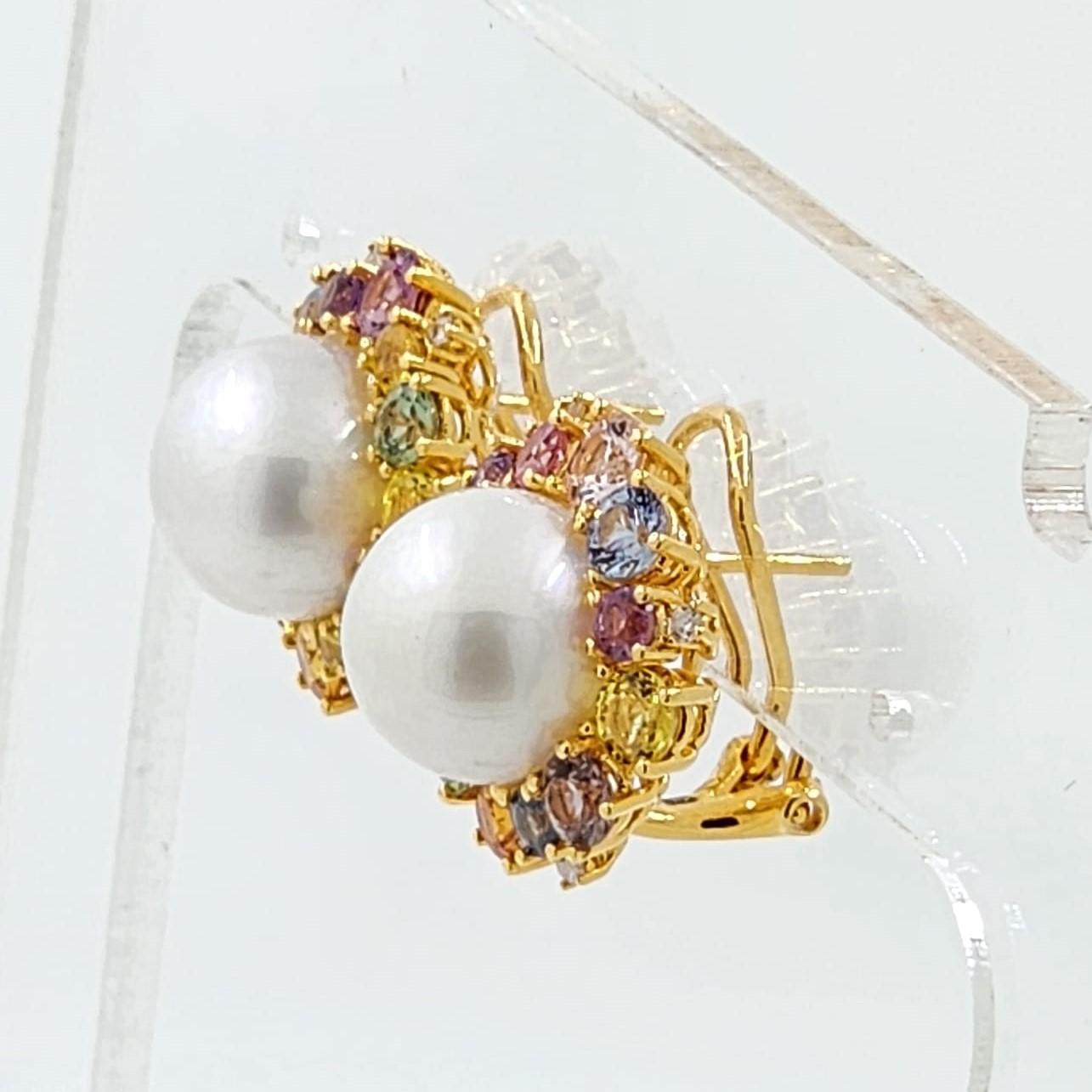 Contemporary 11Mm South Sea Pearl and Sapphire Earrings in 18K Gold Vermeil Sterling Silver For Sale