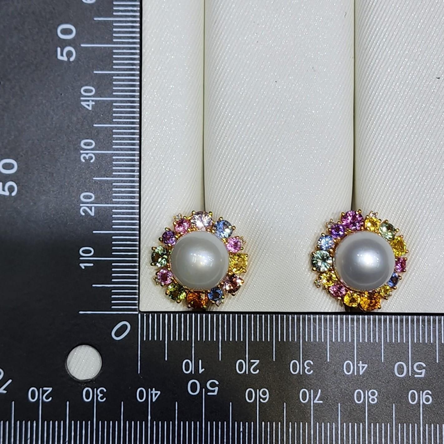 Women's 11Mm South Sea Pearl and Sapphire Earrings in 18K Gold Vermeil Sterling Silver For Sale
