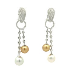 11mm South Sea Pearl Diamond 18k White Gold Huggie Drop Dangle Earrings