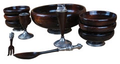 11pc Mid Century Arrowsmith Mahogany Sterling Silver Salad Bowl Tongs Lighter