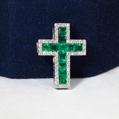 1.1tcw Princess-Cut Natural Emerald and Diamond Cross Pendant in 18K White Gold