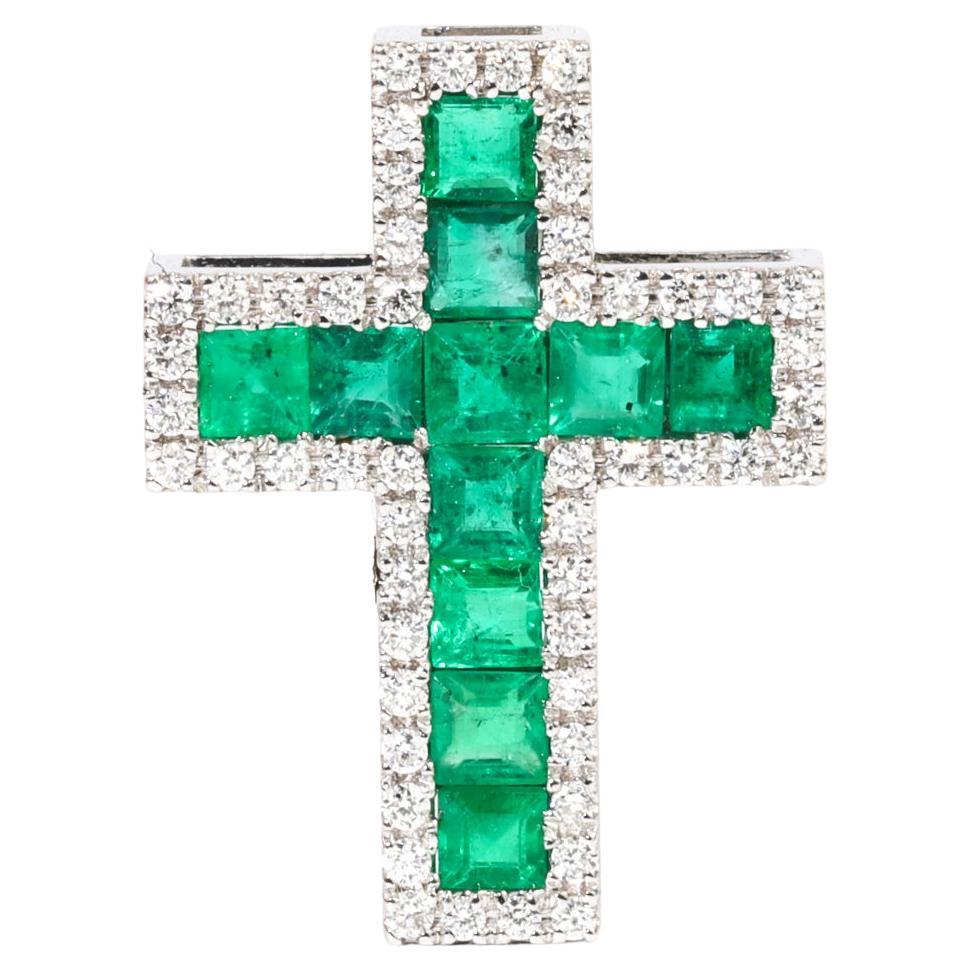 1.1tcw Princess-Cut Natural Emerald and Diamond Cross Pendant in 18K White Gold For Sale