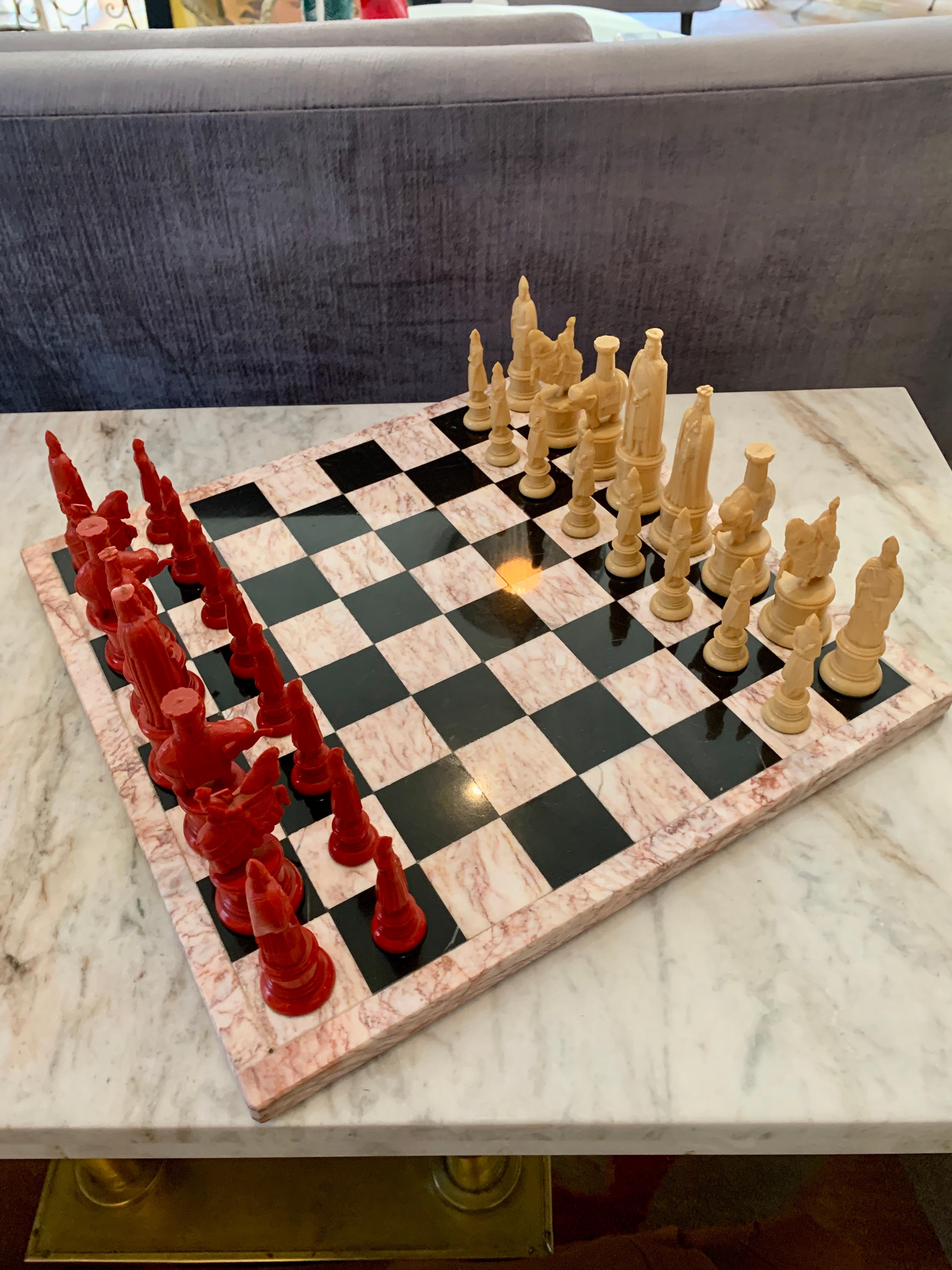 Replica 11th century chess set pieces - a stunning set. Deep red and beige. Perfect for the player or as decor. Measurements are for the king, all others vary but are of proportion.

The pieces also have a felt base.
 