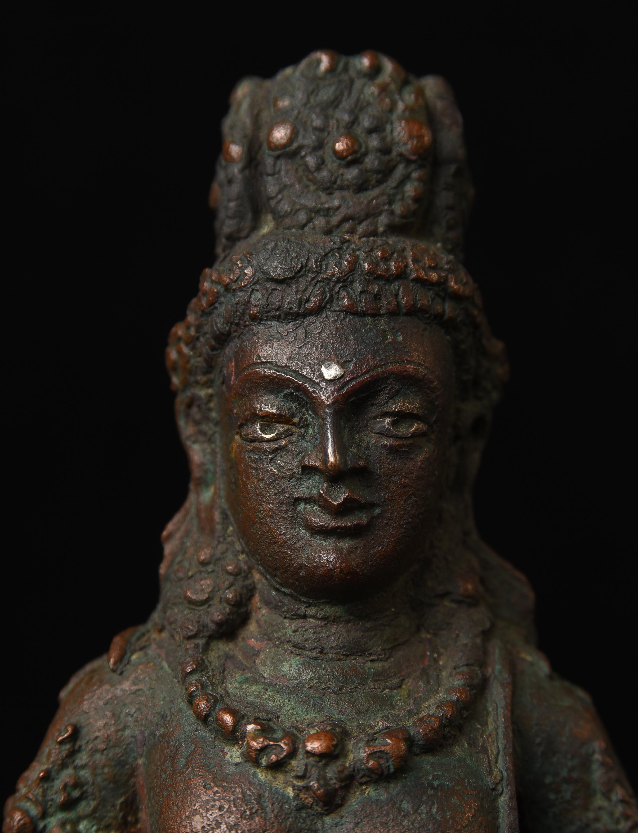 11th century West Tibetan bronze bodhisattva with Silver Inlays. For Sale 6